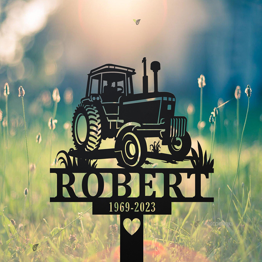 Farming Farmer - Personalisierter Metall-Grabstein mit Text & Traktor-Design
