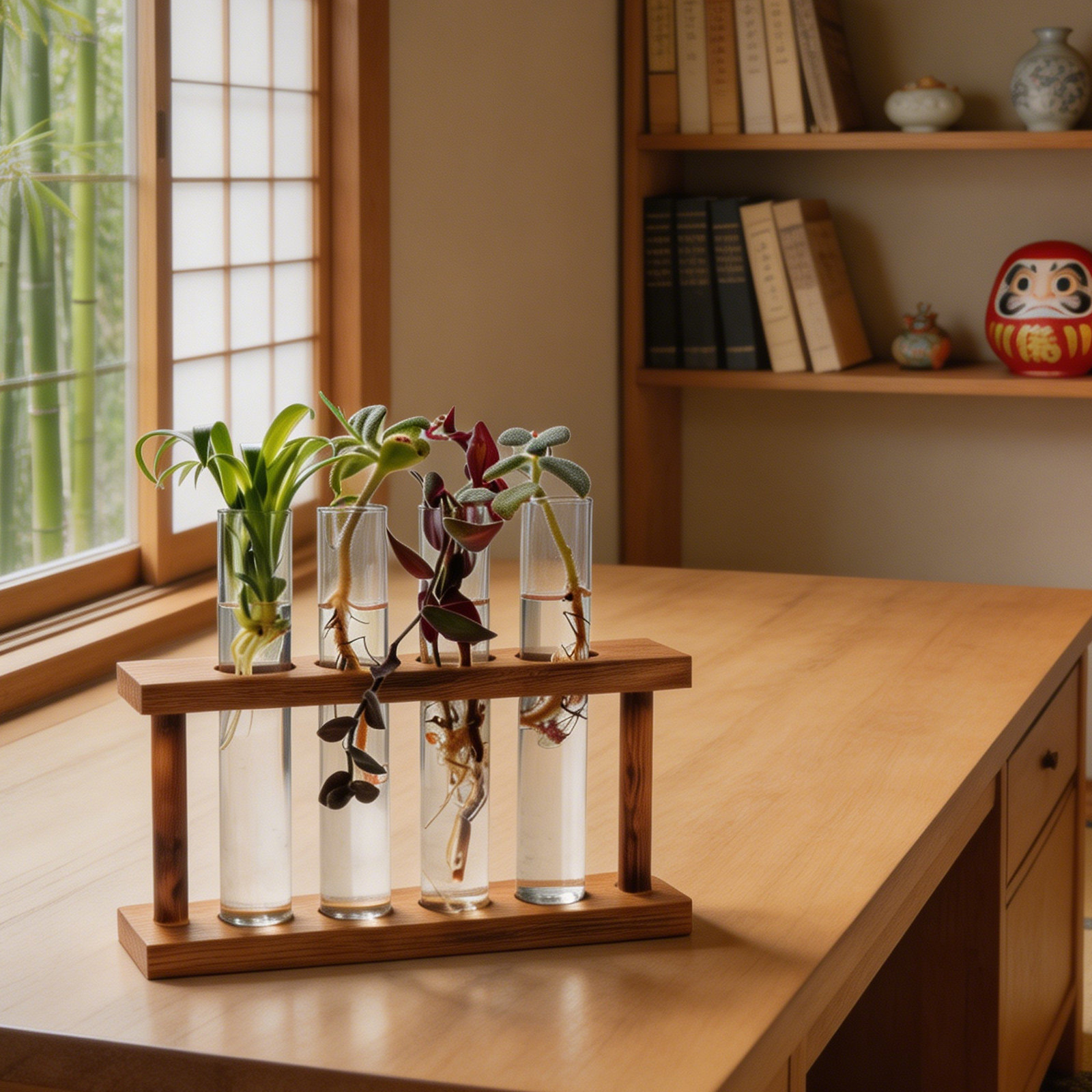 Plant Growth Regulator - Holz-Pflanzenvermehrungsstation mit Glas-Reagenzglas-Vasenhalter Rustikaler Hydroponik-Präsentationsständer für